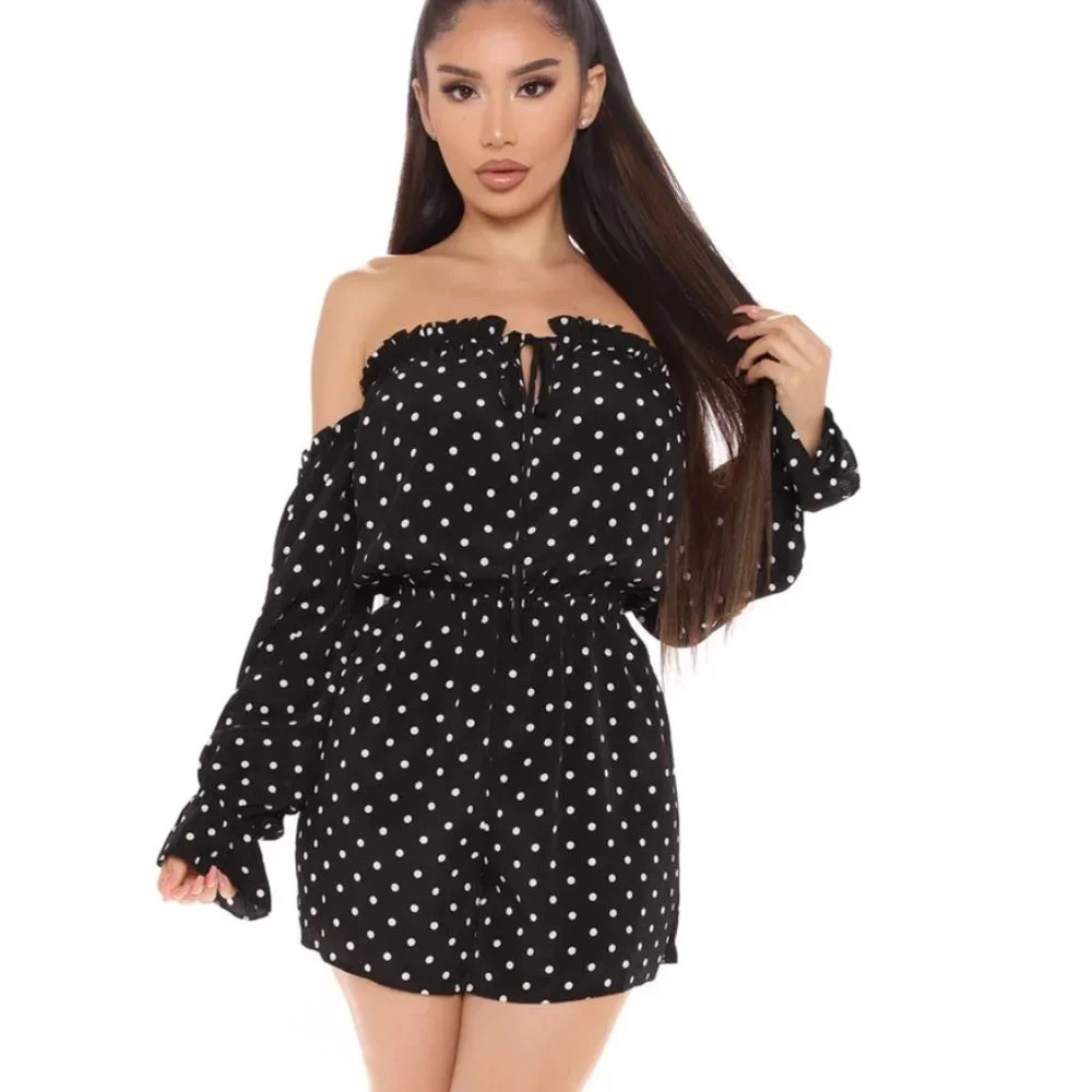 Fashion Nova Flow And Tie Off Shoulder Romper - Black/White Size XS